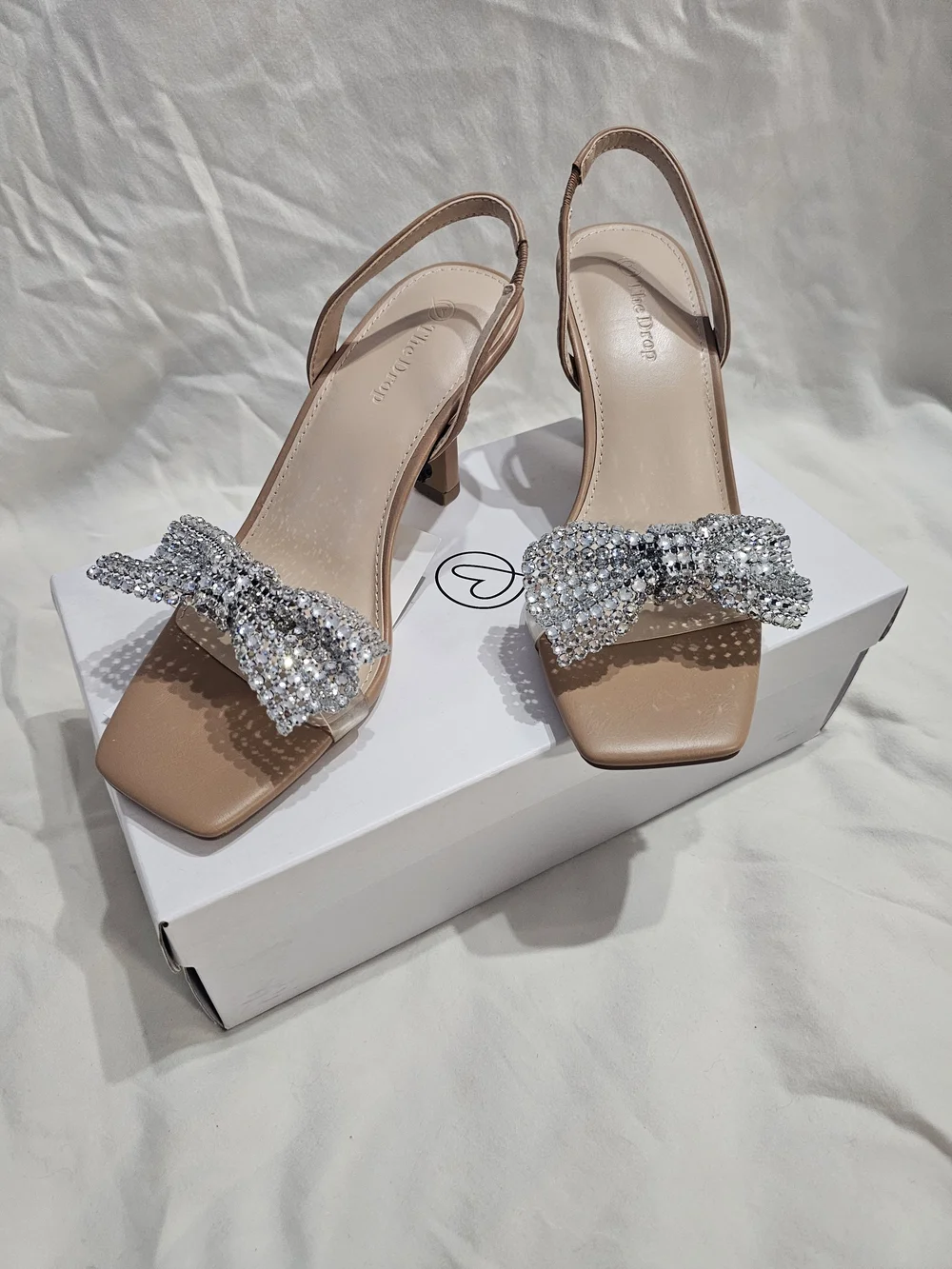 Crystal Bow Slingback Heels in Nude